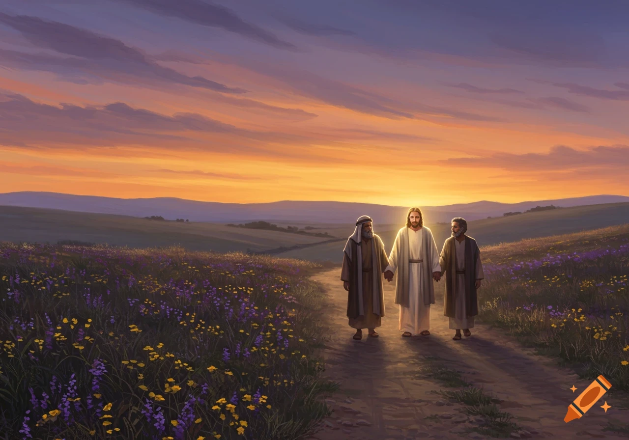 Jesus and two men walk down a path through a wildflower field at sunset, with rolling hills in the distance. Illustrated painting.