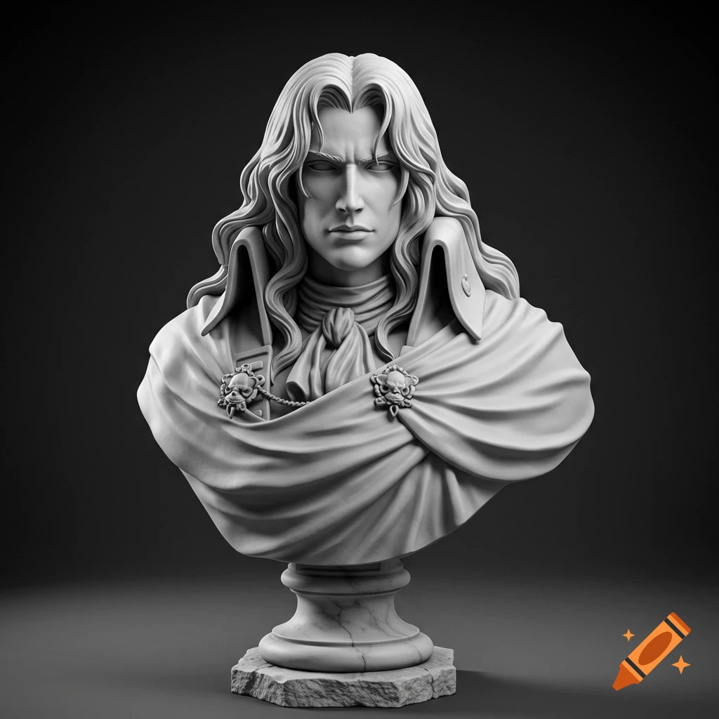 A realistic white marble bust sculpture of Alucard from Castlevania with long wavy hair and an ornate cape with skull clasps, in a Roman style.