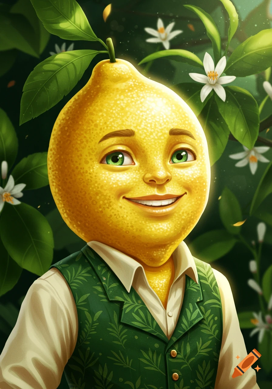 Smiling humanoid lemon in a green leaf-patterned vest and white shirt, surrounded by green leaves and white lemon blossoms.
