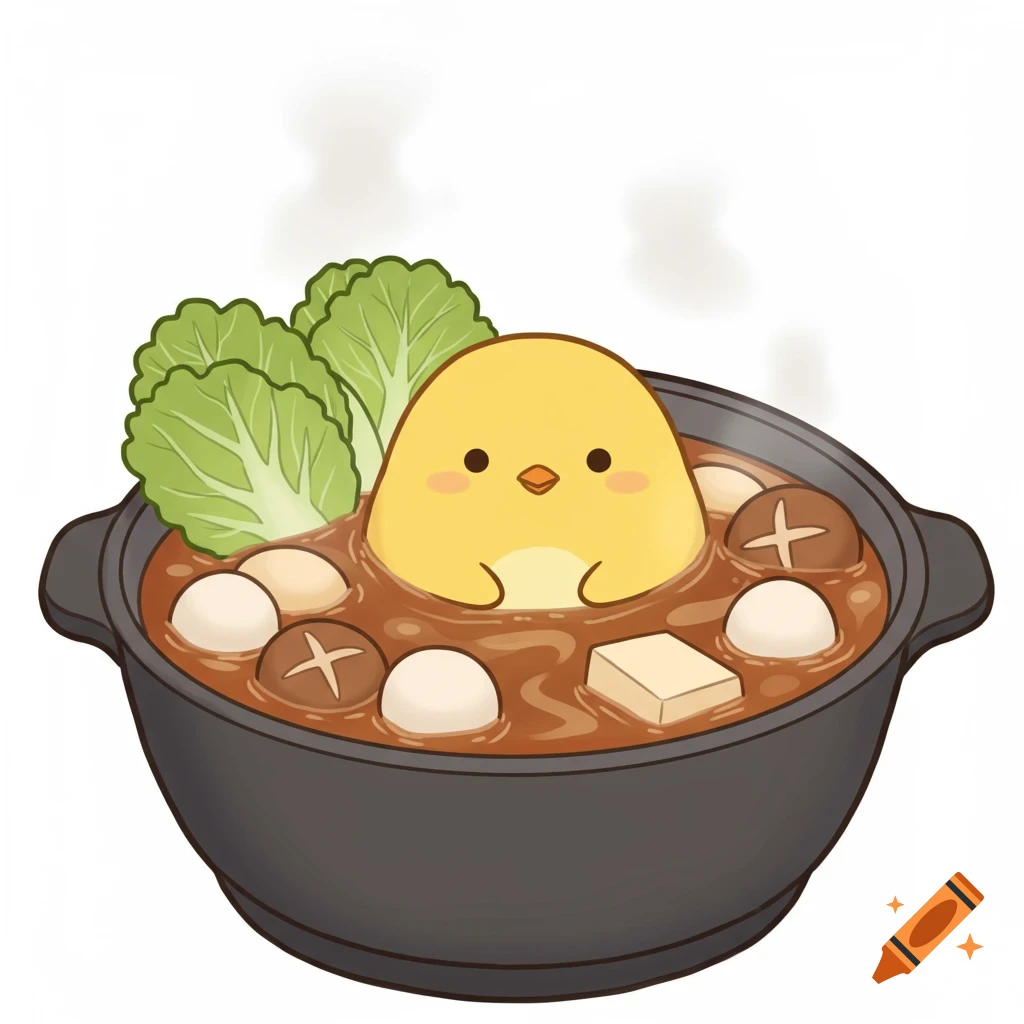 A cute yellow chick sitting in a steaming hotpot with napa cabbage, mushrooms, tofu, and fish balls, in a kawaii cartoon style.