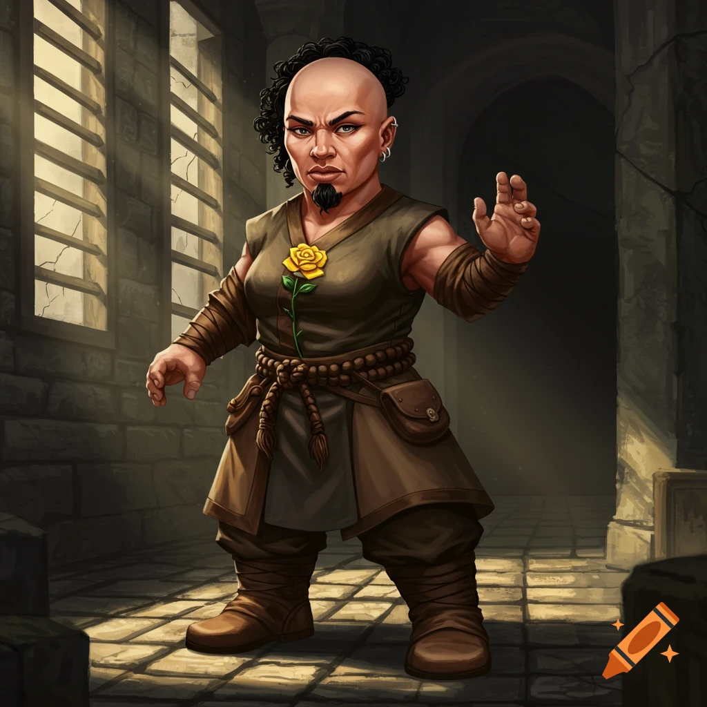 A bald dwarf woman monk with a short black beard stands in a martial arts pose in a stone hall. She wears brown robes with a yellow rose.