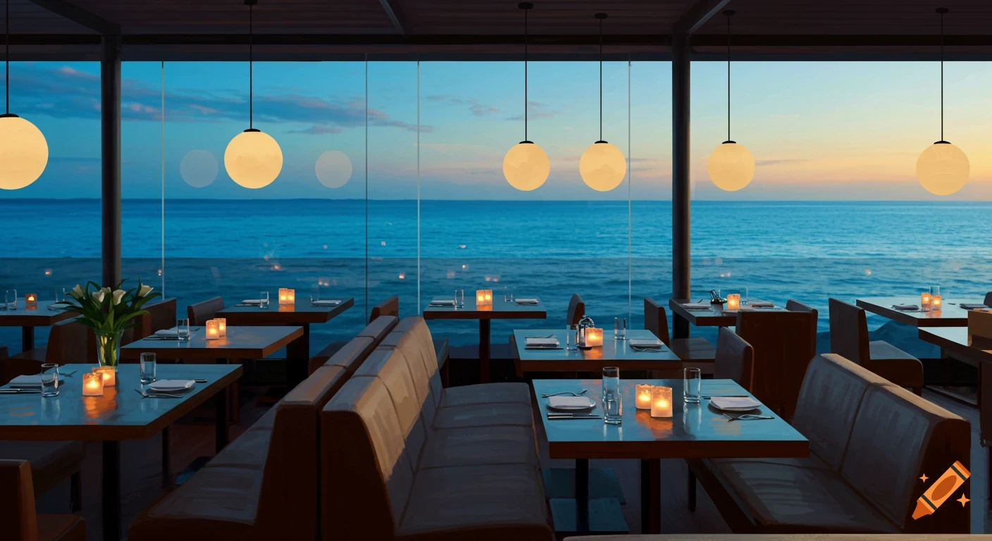 Modern restaurant interior overlooking the ocean at dusk, with tables set with candles and pendant lights.