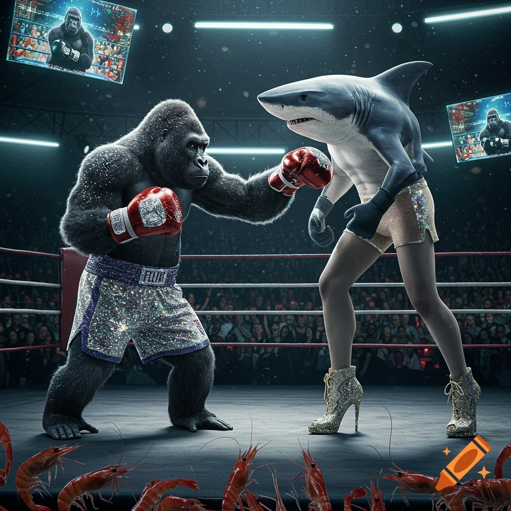 A photorealistic image of a gorilla in sparkly shorts and boxing gloves fighting a shark with human legs and high heels in a futuristic boxing ring, surrounded by a crowd of shrimp.