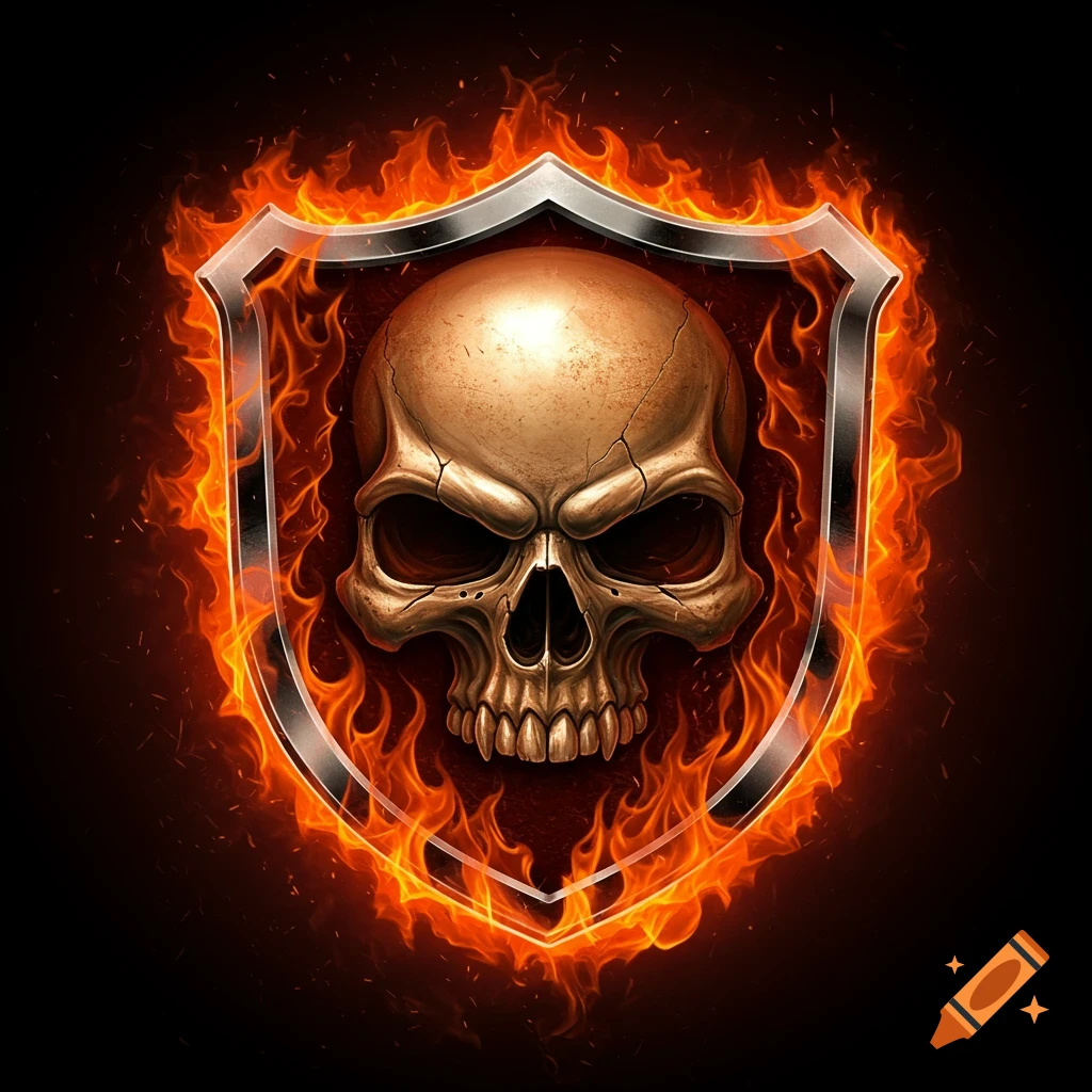 Stylized golden skull inside a metallic shield, engulfed by intense orange and red flames. Graphic art.