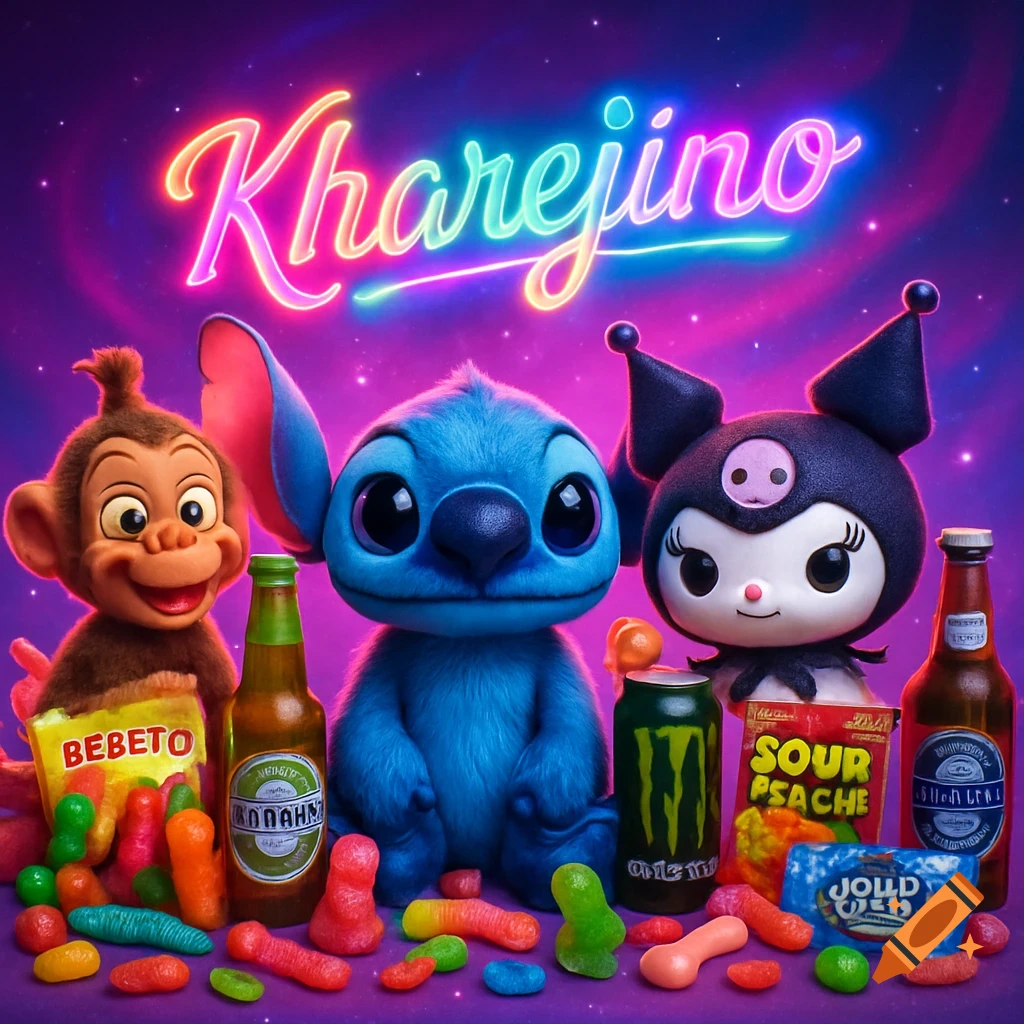 A vibrant fantasy scene featuring Stitch, a monkey, and Kuromi surrounded by neon "Kharejino" text, various candies, and drink bottles and cans.