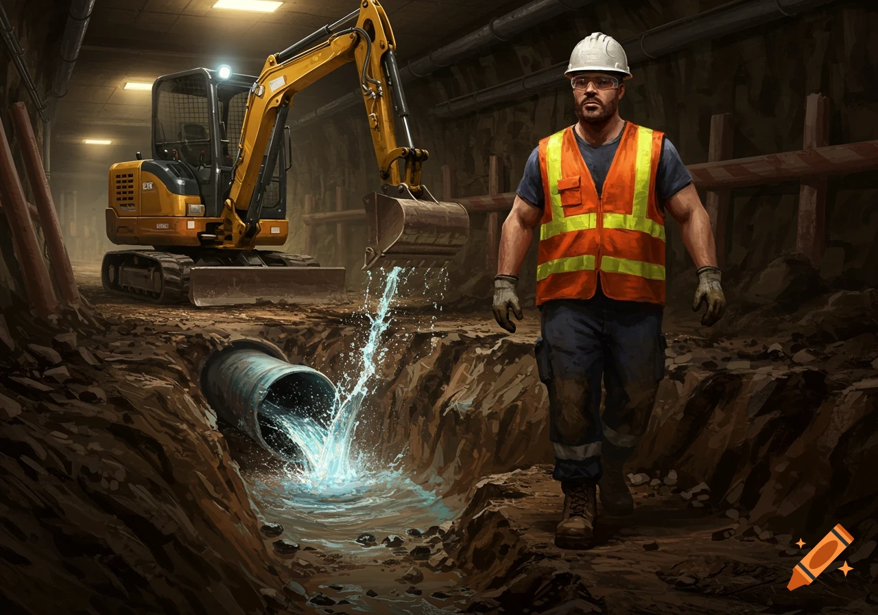 A construction worker in a hard hat and safety vest stands next to a mini excavator and a burst water pipe in an underground trench.