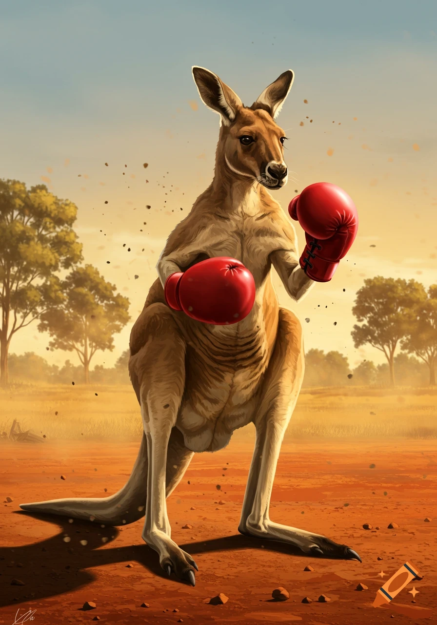 A powerful kangaroo in red boxing gloves stands ready in a sunlit, dusty Australian outback setting, digital art.