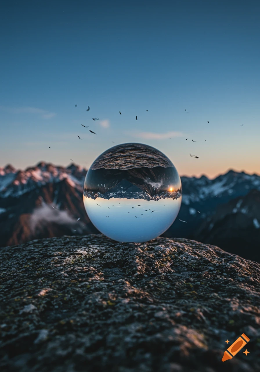 A photorealistic image of a crystal ball on a rock reflecting an inverted mountainous sunset landscape with birds.