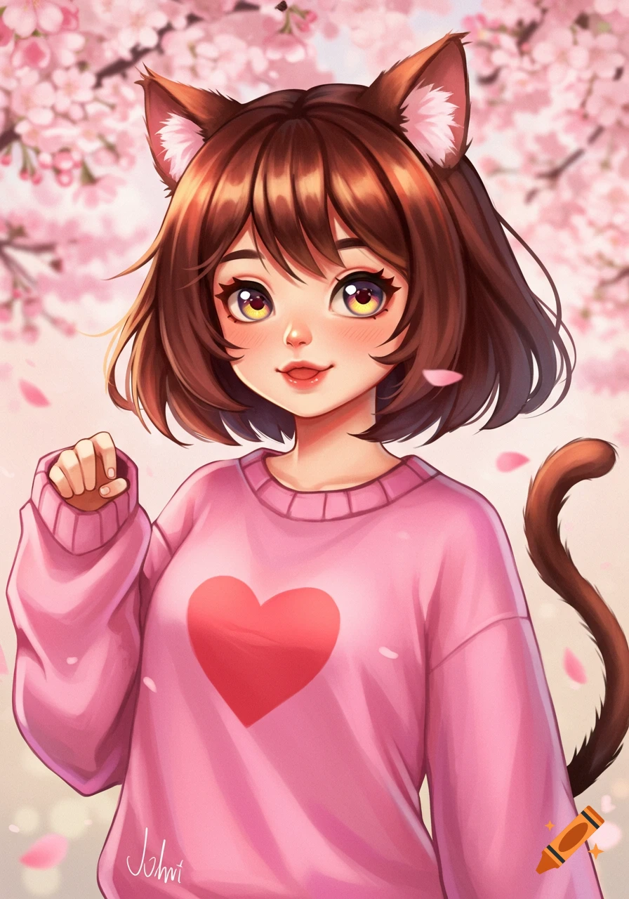 A cute anime cat girl with brown hair and cat ears, wearing a pink heart sweater, stands among cherry blossoms.