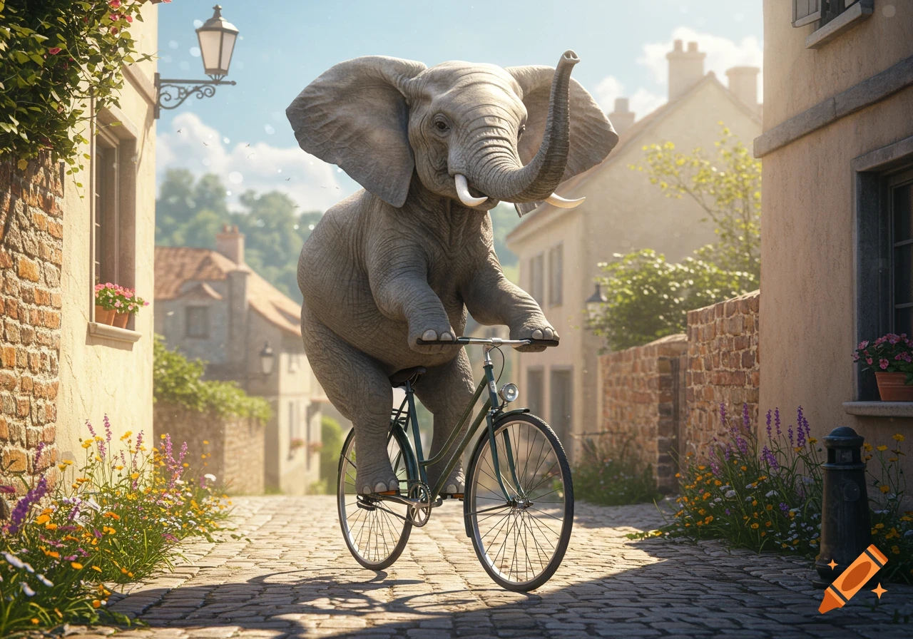 A large, photorealistic elephant rides a bicycle down a sunny, cobblestone street in an old European-style village.