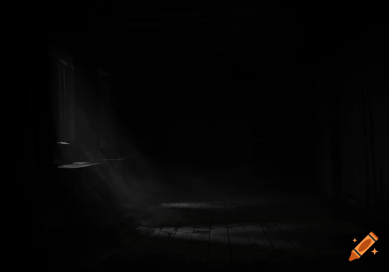 Dark room with light rays streaming through a window onto a dusty wooden floor.