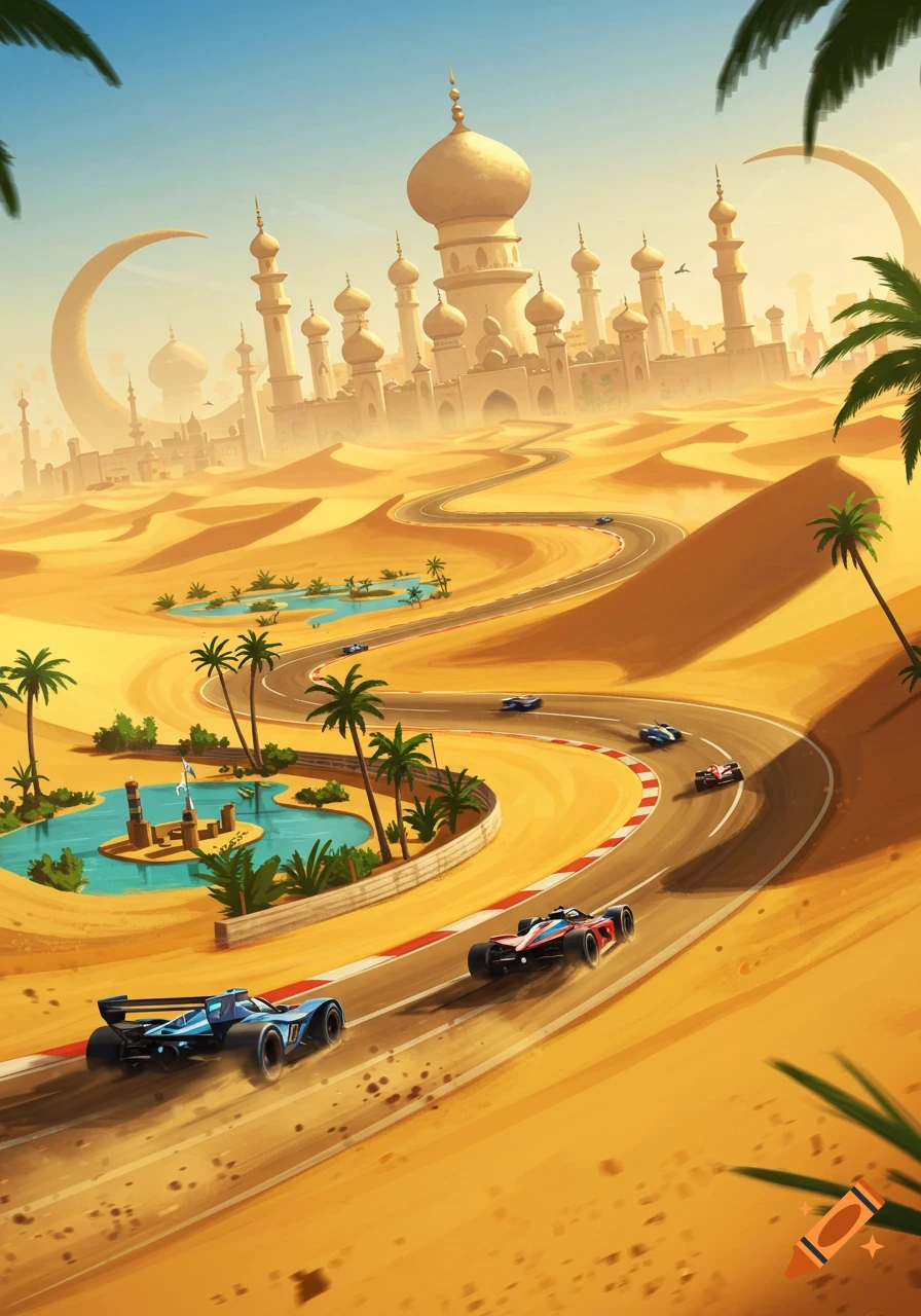 Vibrant illustration of race cars on a circuit through a desert oasis, with an Arabian-style city and large crescent moons in the background.