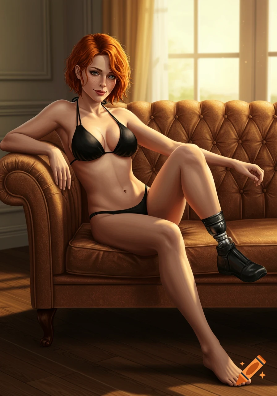 Digital illustration of a smiling redhead woman with short hair in a black bikini, sitting on a brown couch, with a prosthetic right leg.
