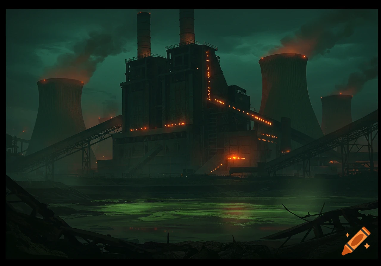 A dystopian scene of a deep green coal power plant at night, with orange lights, multiple cooling towers, and a murky green ash pond.