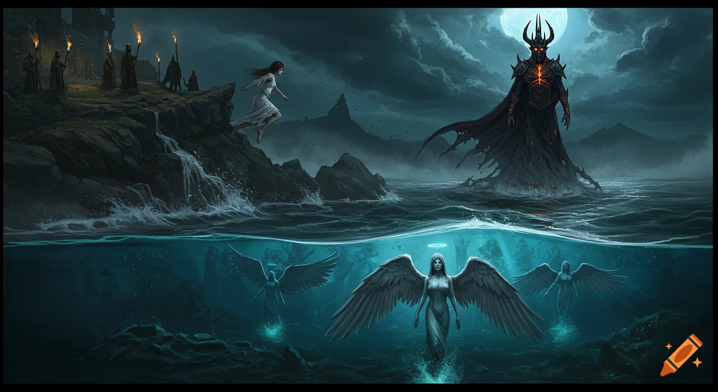 A dark fantasy scene with a woman falling into a stormy sea under a full moon, a demon king rising from the waves, and angels swimming beneath the surface.