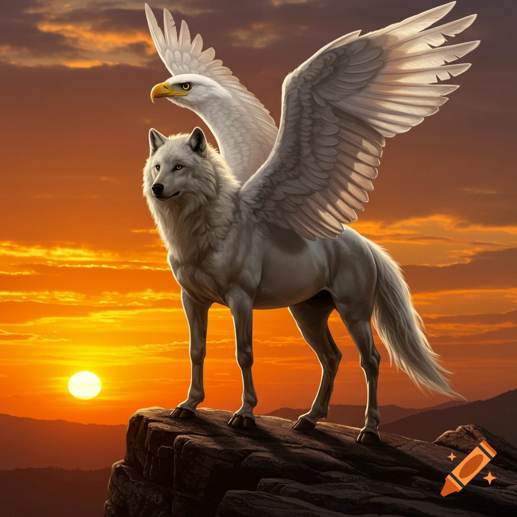 A majestic fantasy creature with an eagle's head and wings, and a white wolf's body, stands on a rocky peak at sunset.