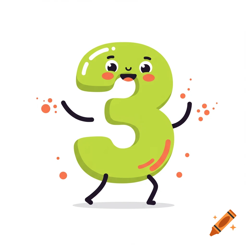 A cheerful, bright green cartoon number 3 with a smiling face, rosy cheeks, arms, and legs, dancing on a white background with orange specks.