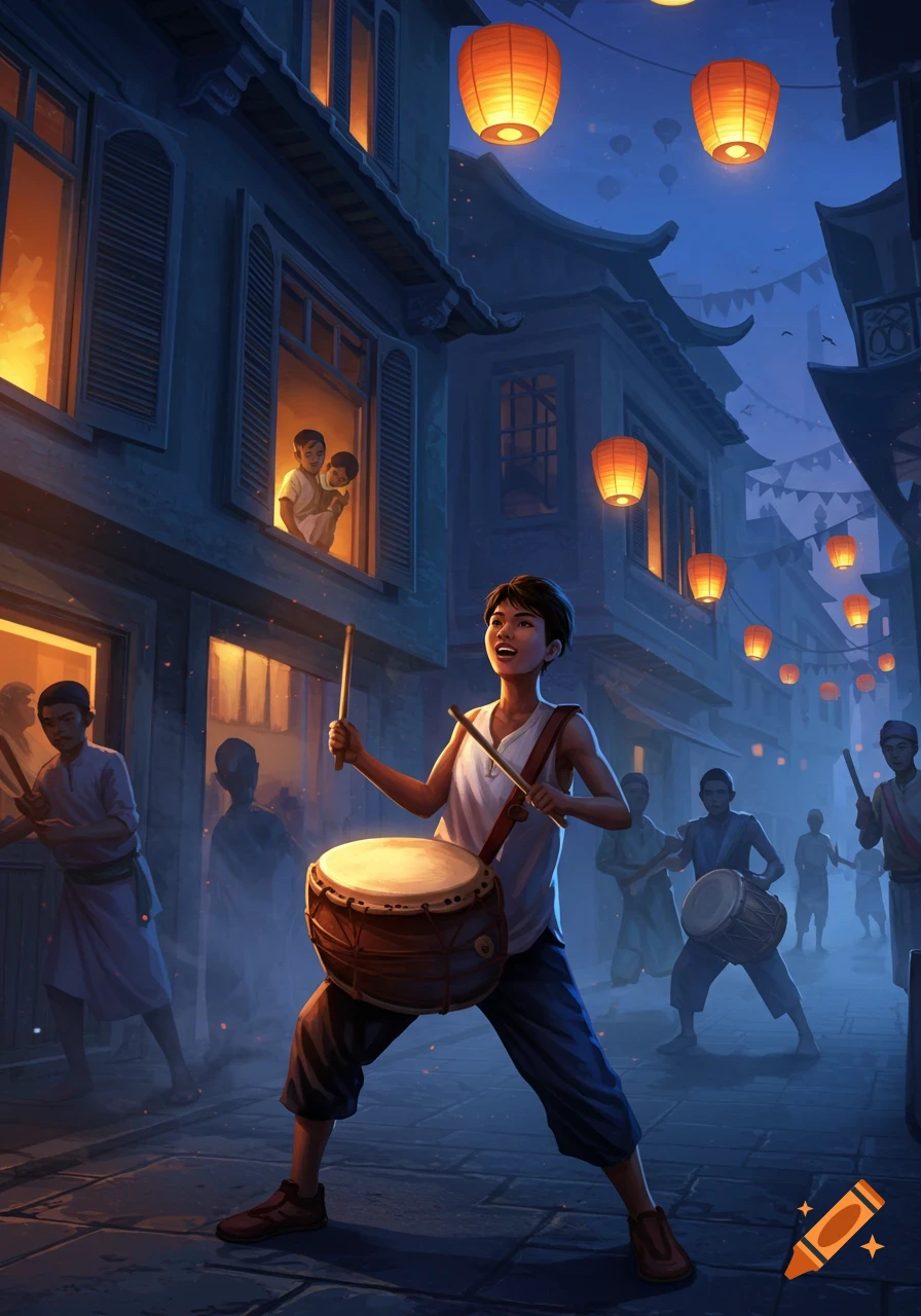A boy joyfully plays a drum in a lively night street with glowing lanterns, other musicians, and onlookers, in an illustrative style.