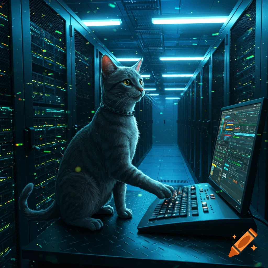 A grey cat sits on a metal surface, pawing at a laptop in a neon-lit server room.