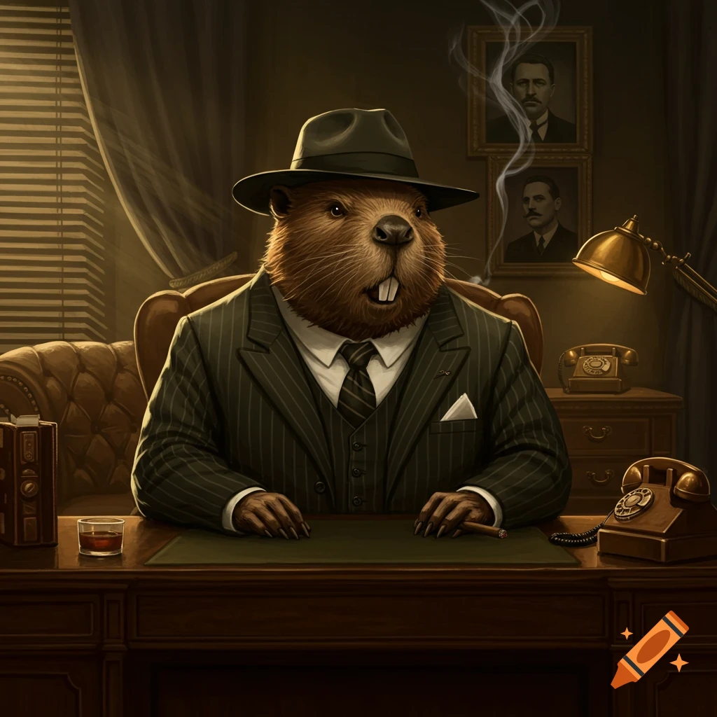 An anthropomorphic beaver gangster in a pinstripe suit and fedora sits at a desk in a dark, moody office, holding a cigar.