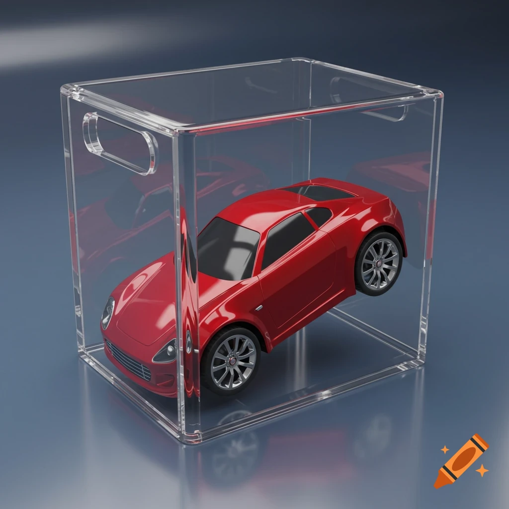 Red toy sports car inside a clear plastic storage bin, rendered photorealistically.