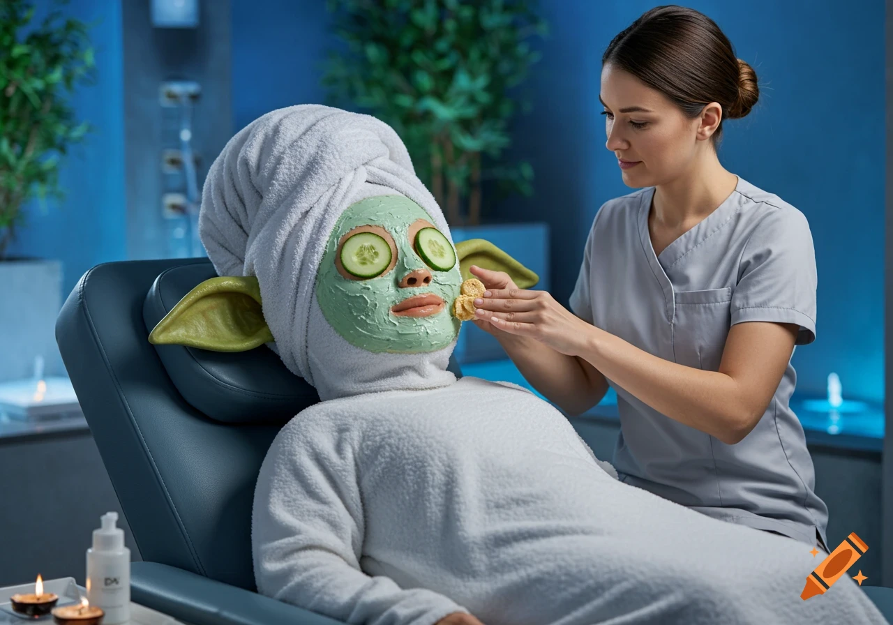 A human esthetician applies a face mask and cucumber slices to a green-skinned, big-eared character wrapped in a towel at a spa.