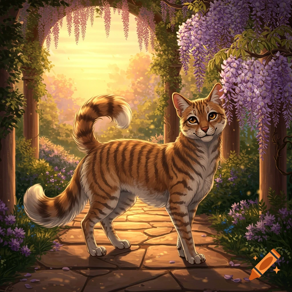 An orange tabby cat stands on a stone path under a wisteria arbor in a lush garden at sunset, illustrated.