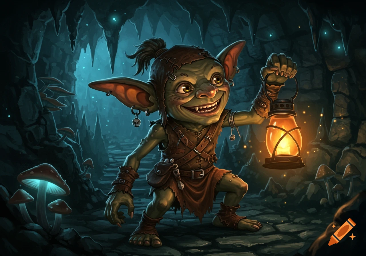A grinning, green-skinned goblin in ragged clothes holds a glowing lantern in a dark, stylized cave with luminous mushrooms.