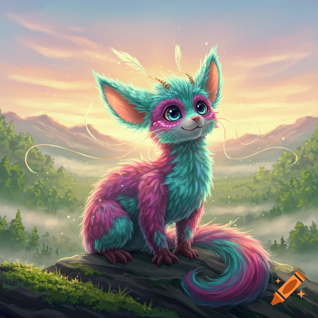 A whimsical, furry creature with turquoise and pink fur, large ears, and big blue eyes sits on a rock in a misty mountain landscape at sunset.