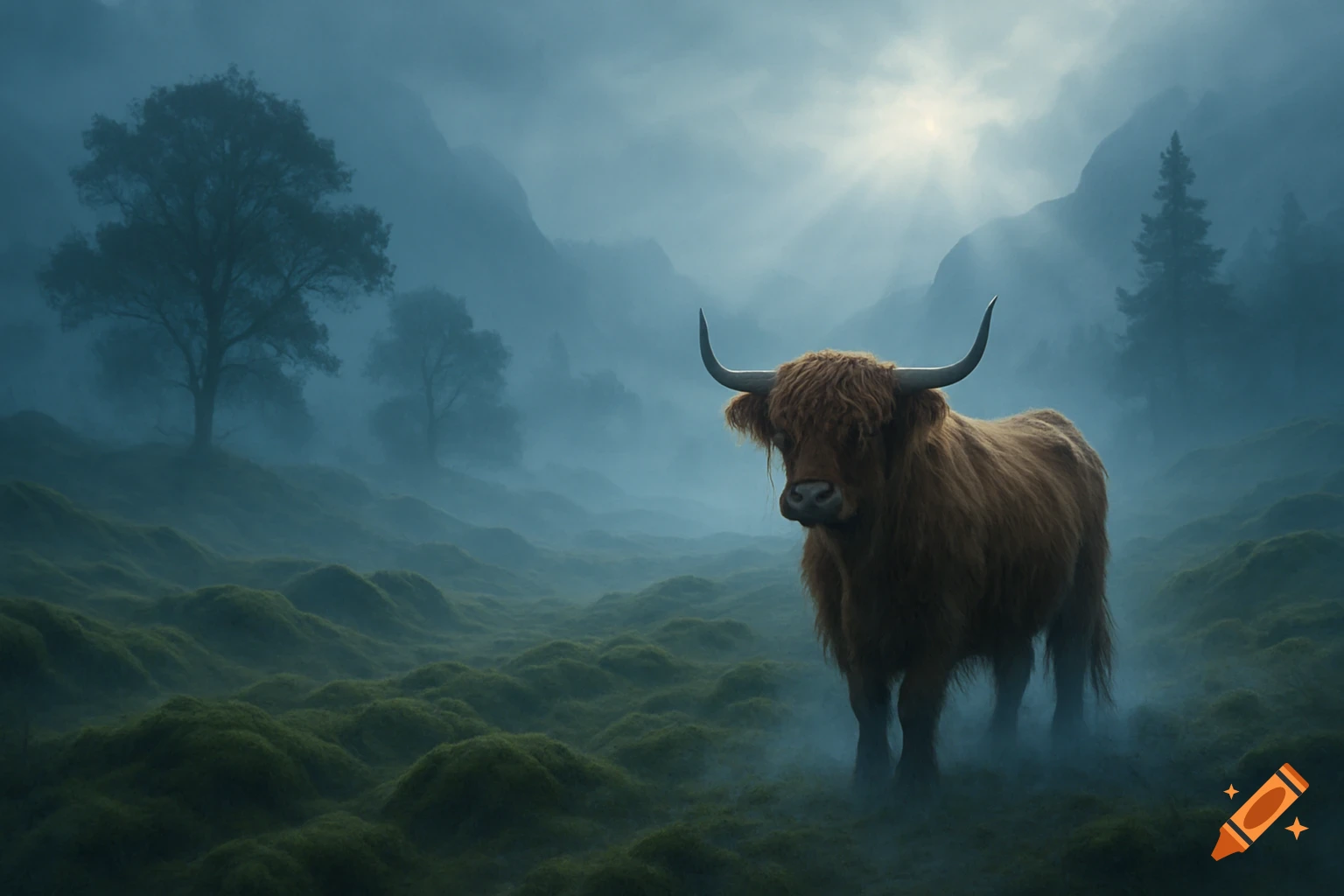 A shaggy brown Highland cow stands prominently in a misty, mossy mountain landscape under sunlit fog.