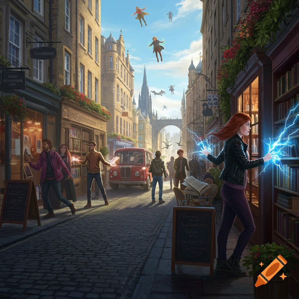 A bustling street in Edinburgh where people casually use superpowers. A woman manipulates electricity, others fly, and a man rearranges books with telekinesis.