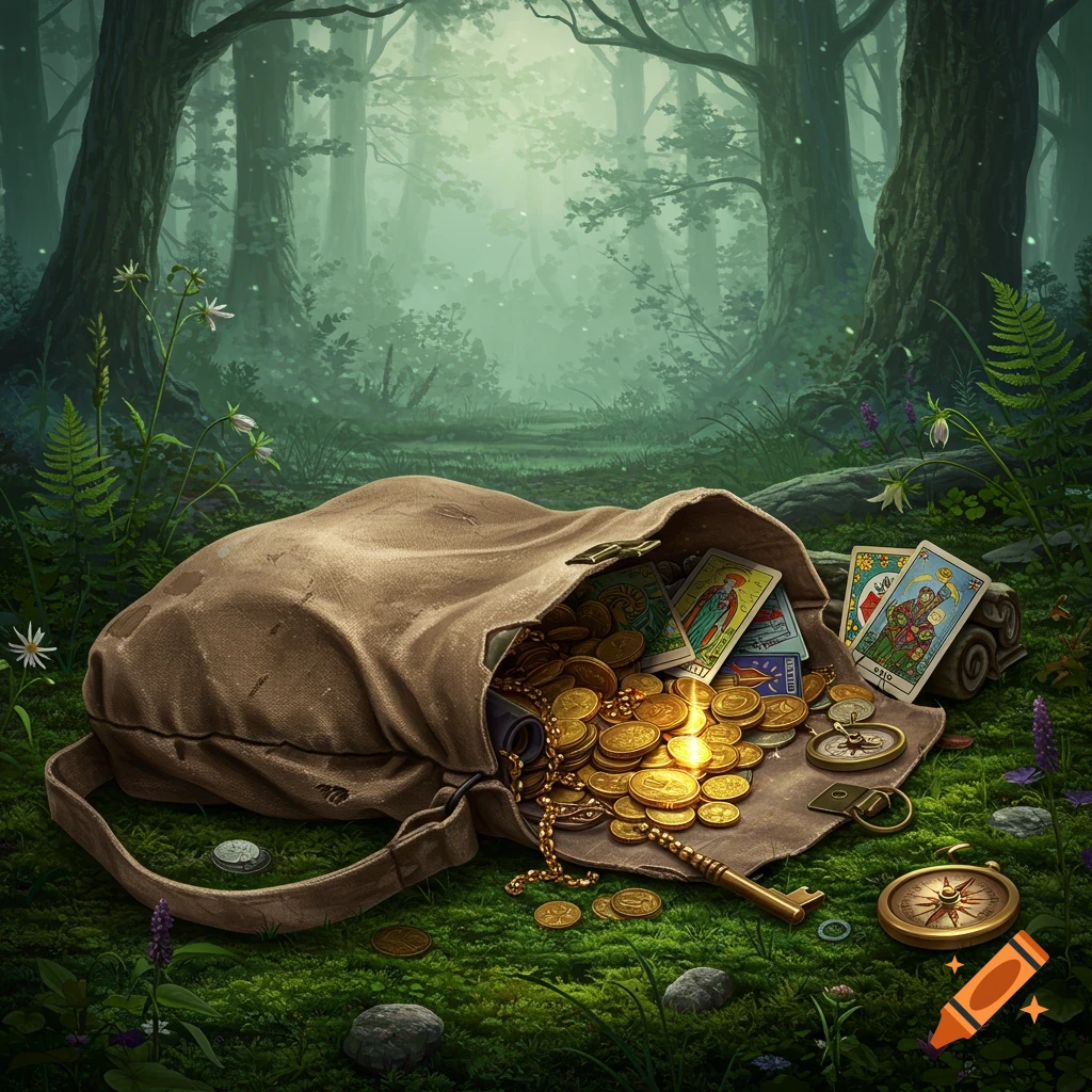 A canvas bag bursts with gold coins, a golden key, and tarot cards on mossy ground in a misty, lush fantasy forest.