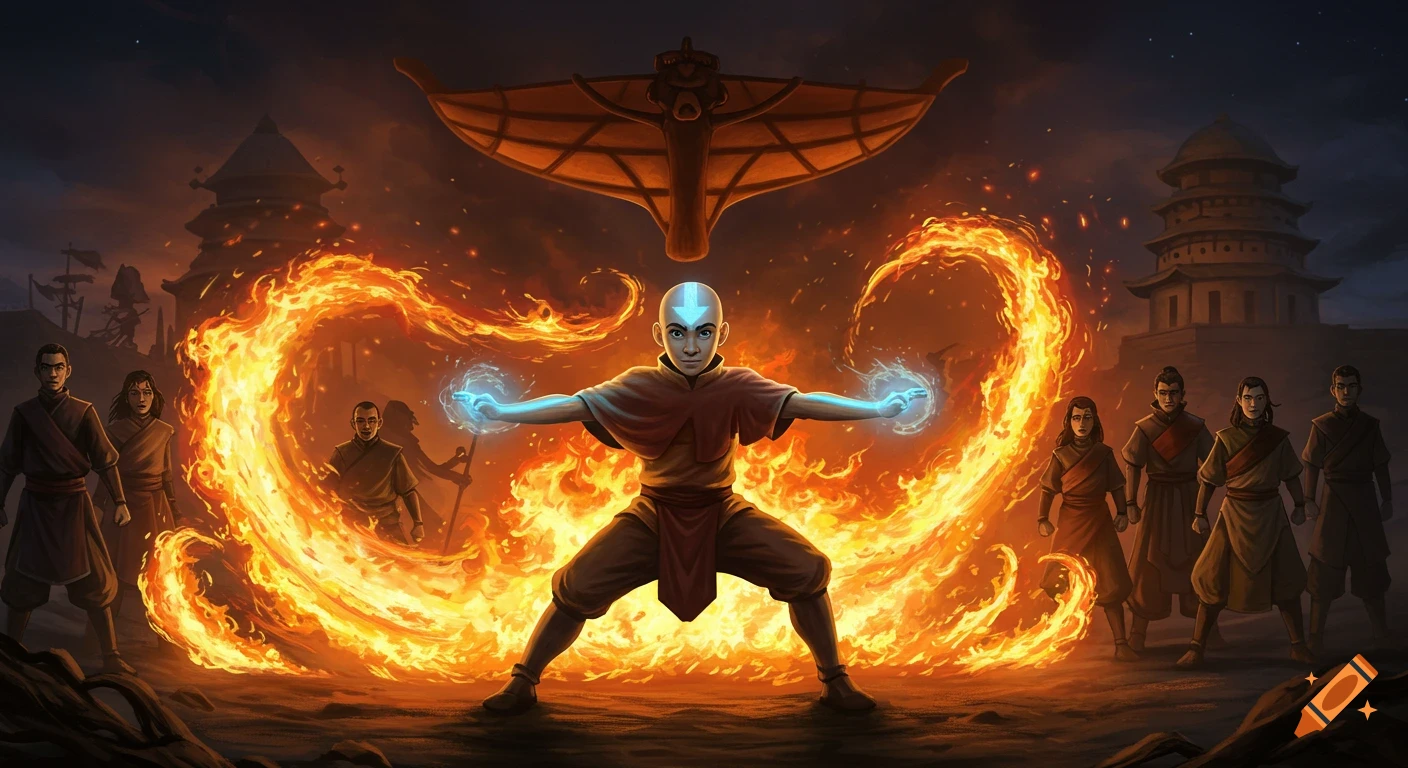 Avatar Aang firebends with glowing blue energy, surrounded by swirling flames and supporting characters under his glider, in a dramatic illustrated scene.