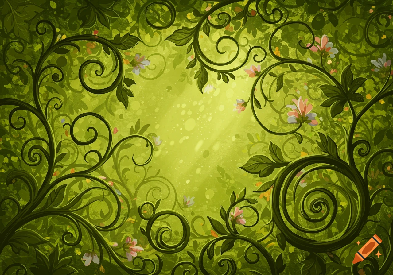 Vibrant folk art illustration of lush green vines and leaves with small pink flowers framing a light center.