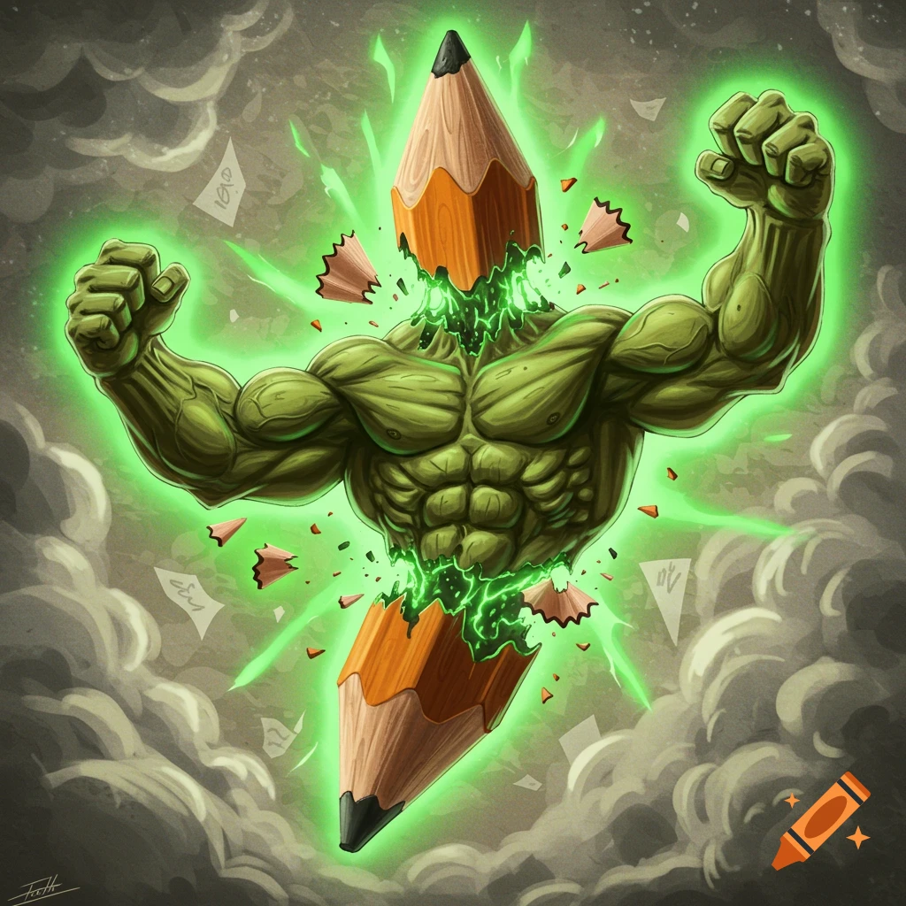 A muscular green torso like the Hulk bursts out of a broken pencil, with glowing green energy and wood shavings flying. It has a pencil tip for a head and a pencil base for legs, surrounded by smoke and paper scraps in a comic book style.