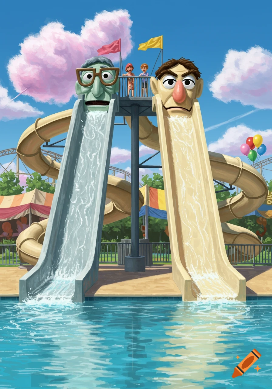 Statler and Waldorf Muppets as giant water slides in a colorful amusement park, water flowing into a blue pool. Illustration.