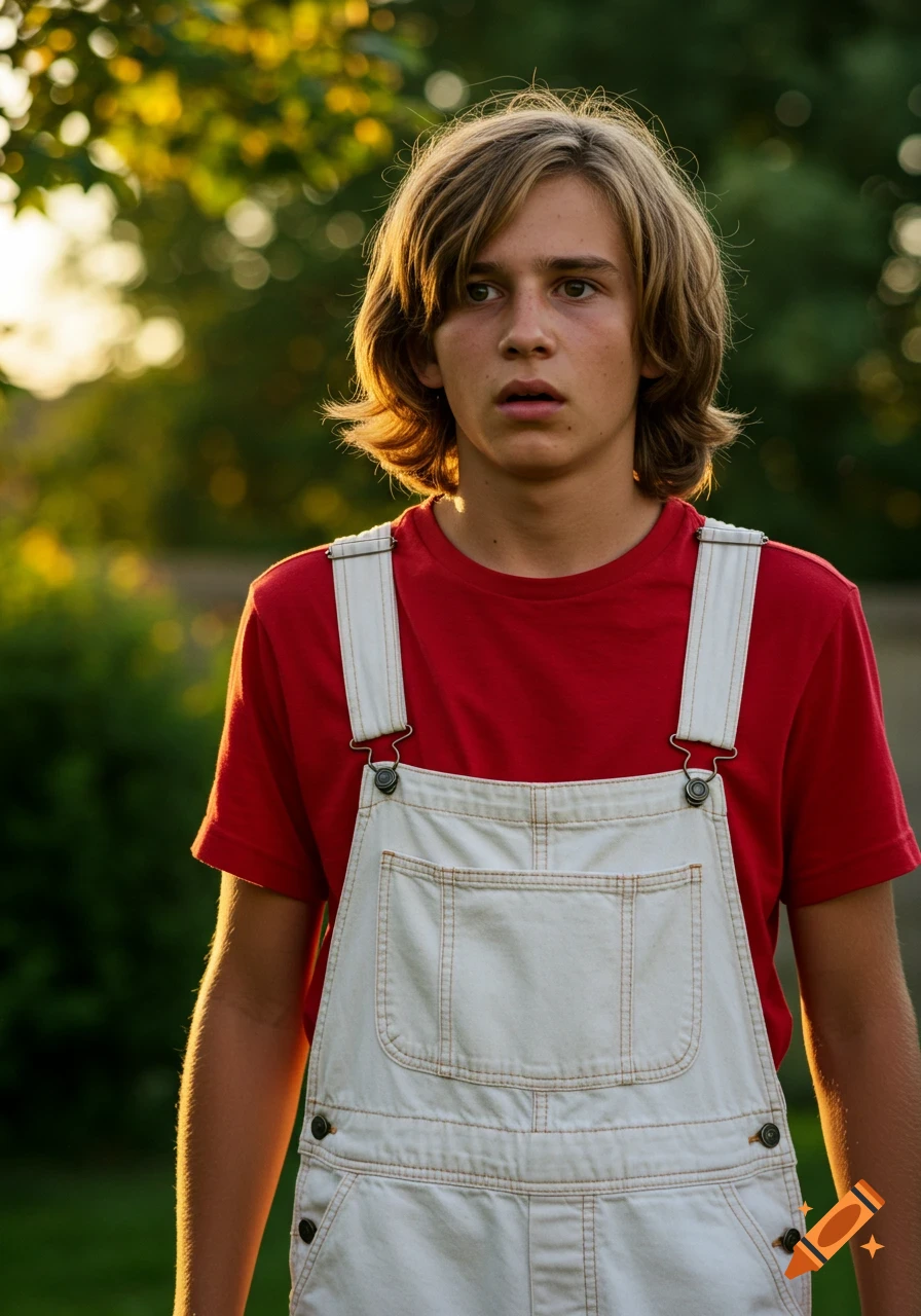 A boy with blond hair and a surprised expression, wearing a red t-shirt and white overalls, standing in a sunlit backyard. Photorealistic style.