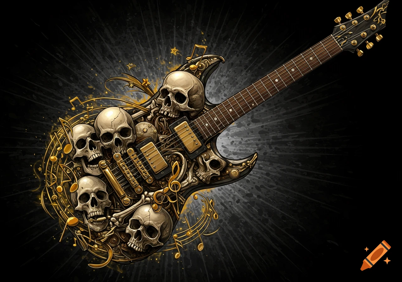 A highly stylized electric guitar intricately designed with human skulls, bones, and swirling golden music notes on a dark, textured background.