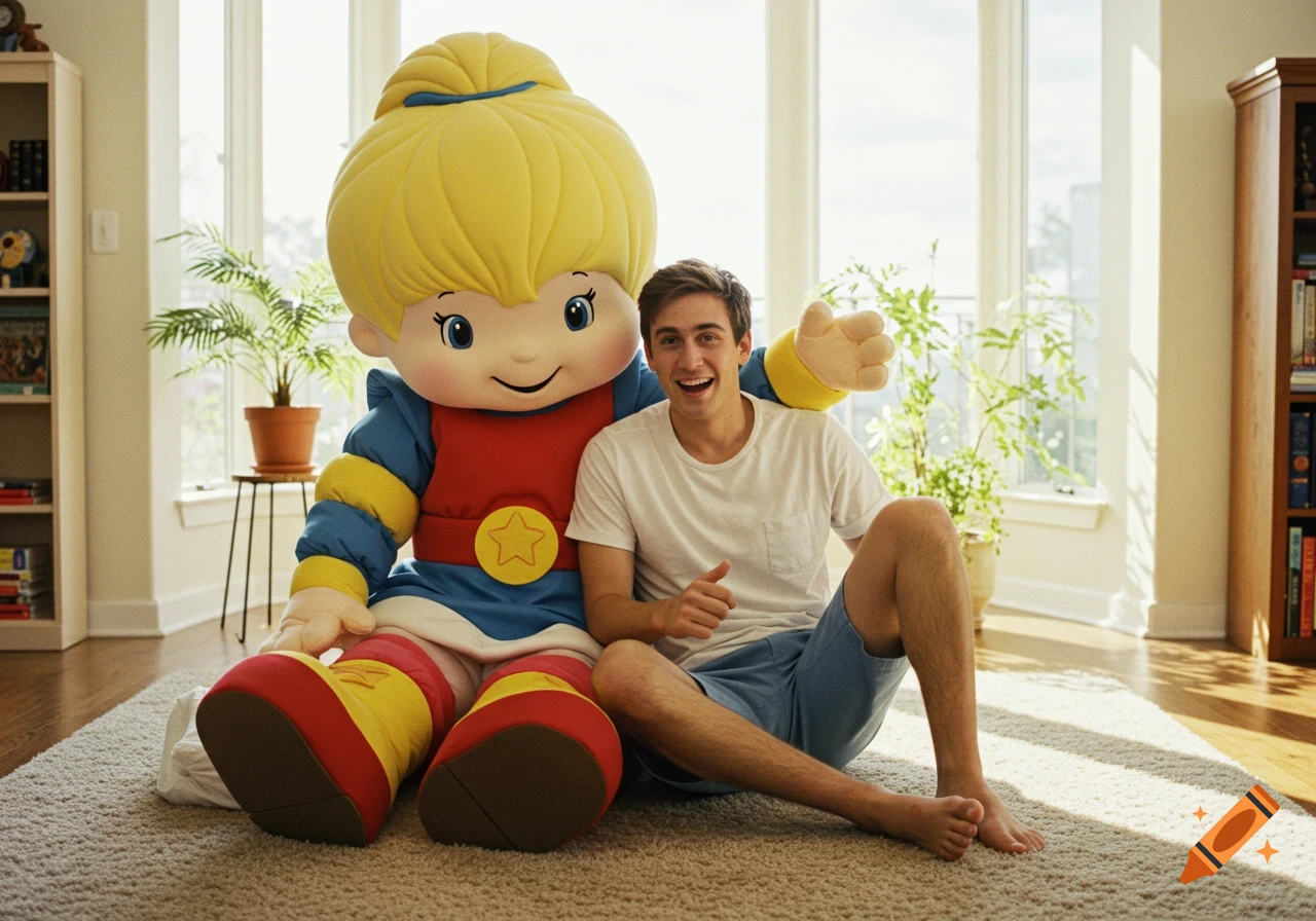 A smiling young man sits beside a large Rainbow Brite mascot on a carpeted floor in a bright room.