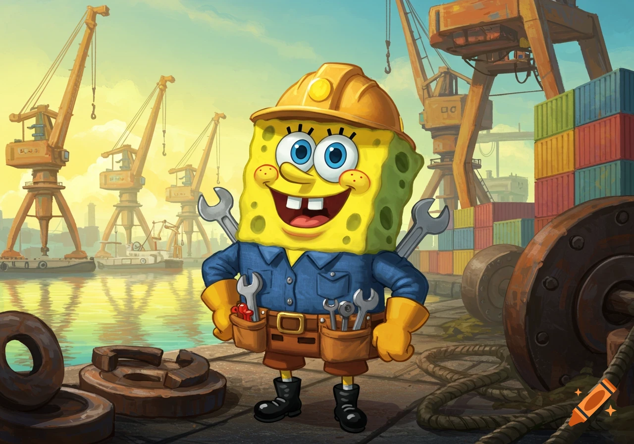 Spongebob Squarepants as a cheerful construction worker with a hard hat and tool belt stands at an industrial dock.