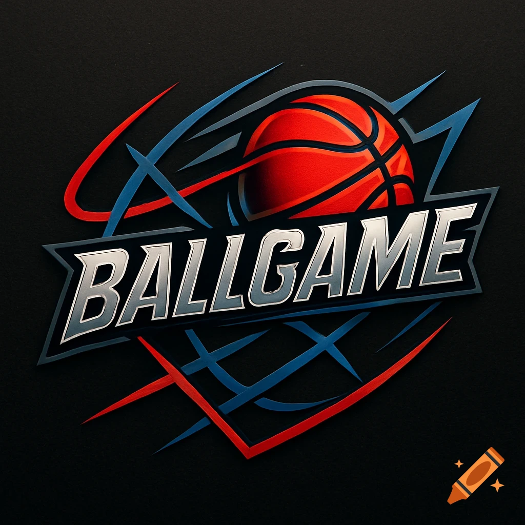 A modern sports logo featuring a red basketball and dynamic blue and red lines, with 'BALLGAME' in metallic silver lettering on a dark background.