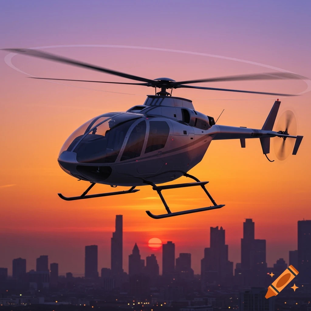 A silver helicopter hovers above a city skyline with a vibrant orange and purple sunset in the background.