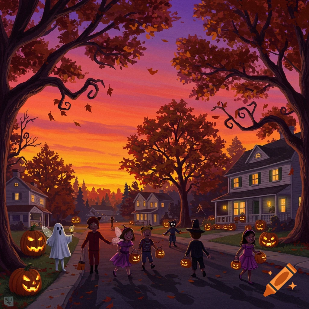 Children in Halloween costumes trick-or-treating on a suburban street at sunset, with glowing jack-o'-lanterns and autumn trees.