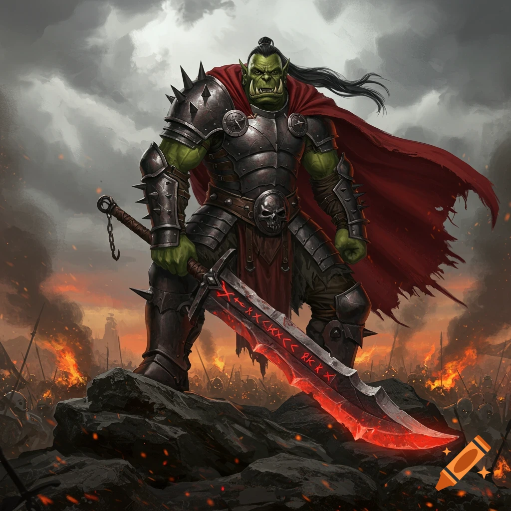 A green-skinned orc warrior in dark spiked armor and a red cape holds a glowing red runic greatsword, overlooking a burning battlefield.