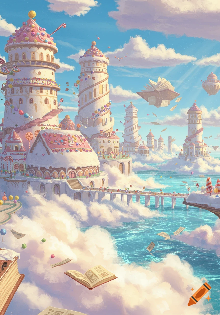 A vibrant, whimsical fantasy city made of candy and desserts, floating above clouds and a sparkling blue ocean, with flying books.