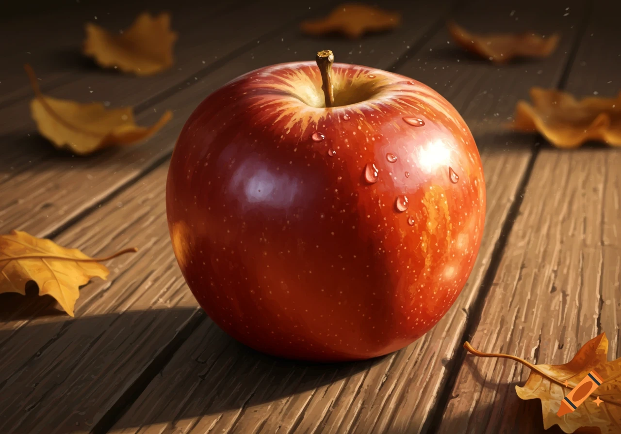 A photorealistic close-up of a red apple with water droplets on a wooden table, surrounded by fallen autumn leaves.