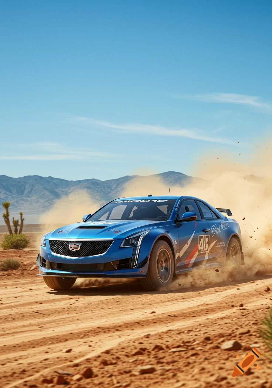 Blue Cadillac rally car kicks up dust while driving on a dirt road in a sunny desert landscape with mountains.