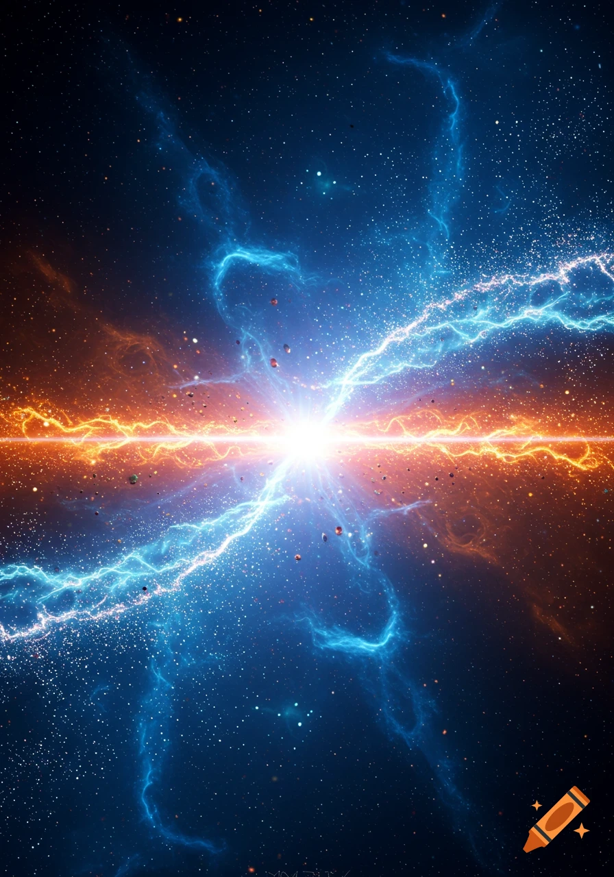 Bright white energy burst with blue and orange lightning streaks against a dark starry cosmic background.