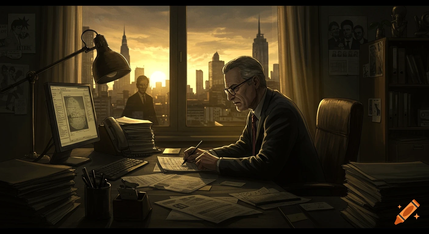 An older journalist with glasses writes at a desk cluttered with papers in his office. A city skyline with a golden sunset is visible through the large window behind him.