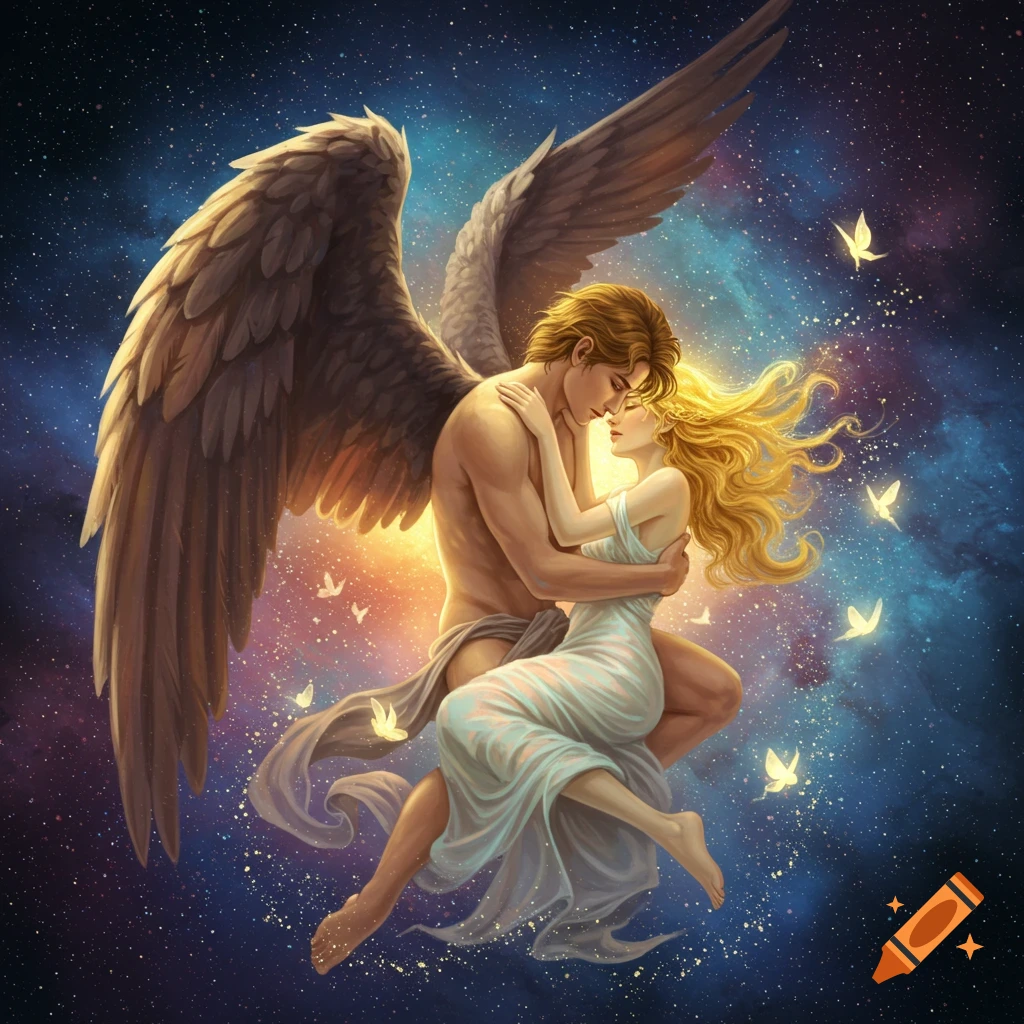 A winged man embraces a woman amidst a starry celestial background with glowing butterflies, depicting Eros and Psyche.